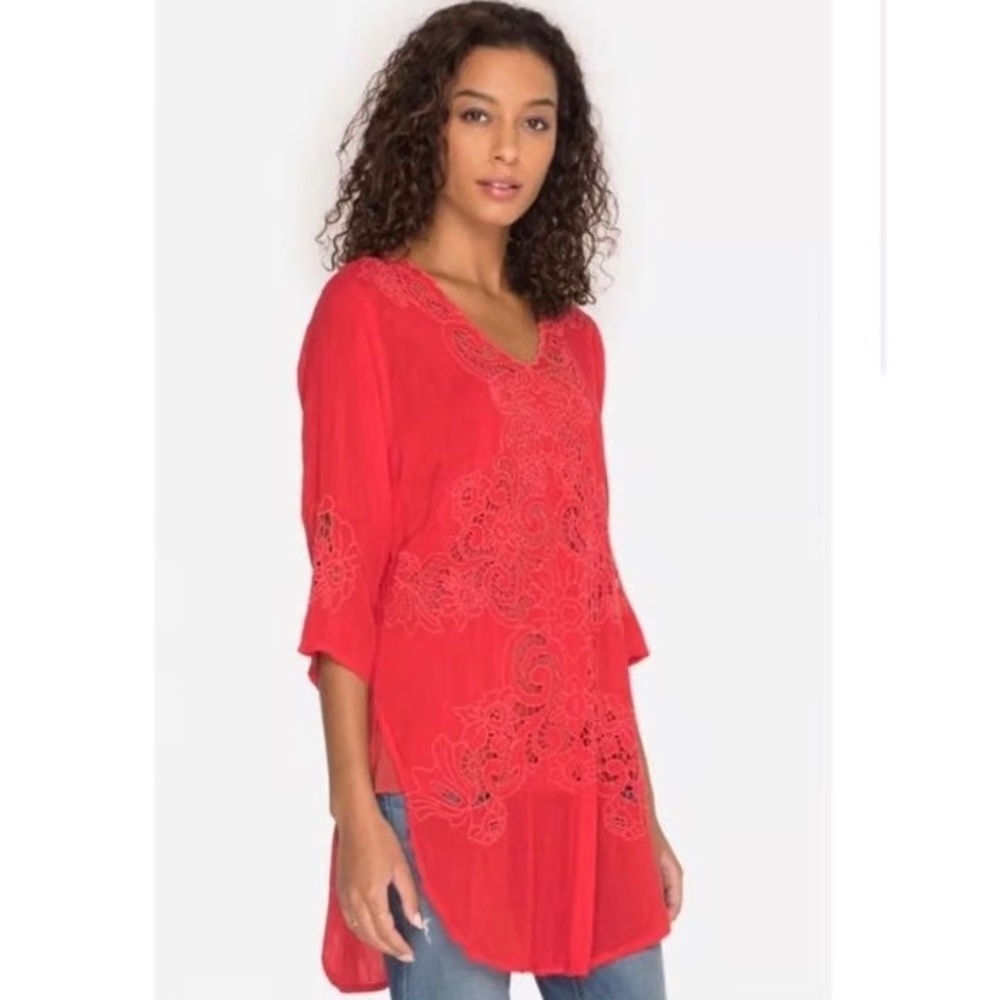 NWT Johnny Was Arlene appliqué Red Lace Tunic top with scoop neck 3/4 sleeves - Picture 2 of 16